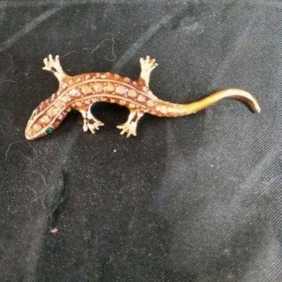 VTG PERIOD STYLE LIZARD BROOCH BROWN GLAZED ENAMEL WITH GREEN RHINESTONE EYES - Picture 2 of 5